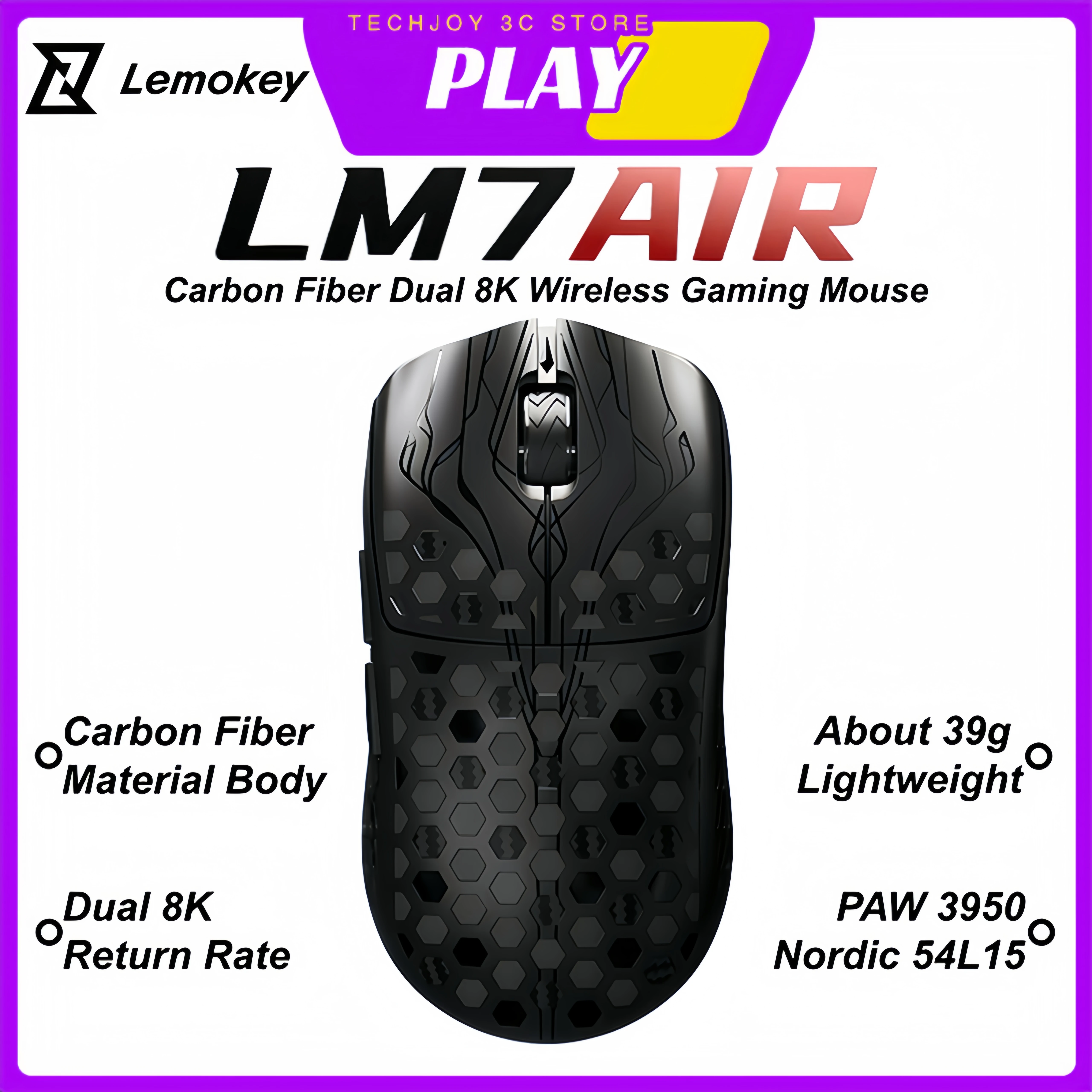 

Lemokey LM7 AIR Wireless Esports Gaming Mouse Carbon Fiber Dual 8K Polling Rate 39G Lightweight PAW3950 Nordic54L15 for Gamers
