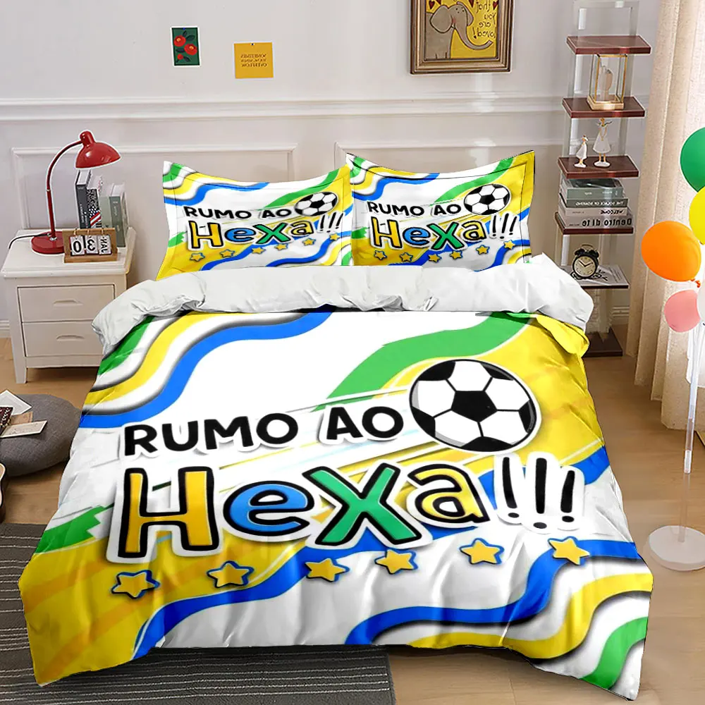 Brazil Football Rumo Ao Hexa National Flag Color Bedding Set,Brazilian Soccer Fan Star Graphic Print Bedding For Football Lovers