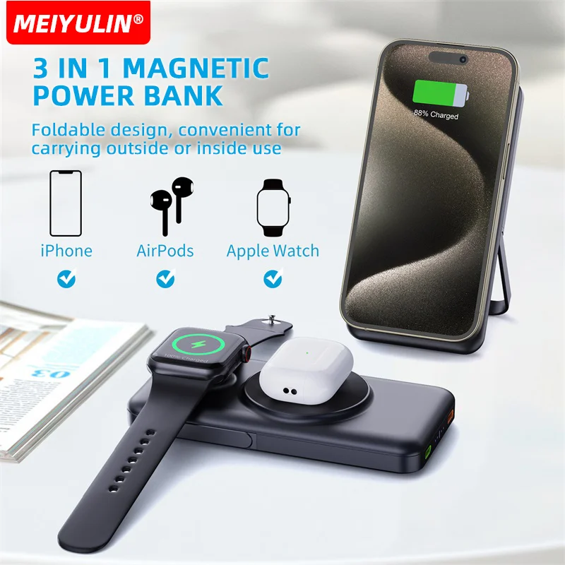 10000mAh Magnetic Wireless Power Bank For iWatch 3in1 Fast Charger Portable PD20W External Spare Battery For Apple Watch iPhone