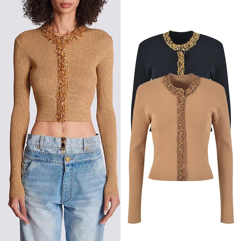 

Autumn 2025 Luxury Handmade Beaded Sequin Slim Fit Long Sve round Ne Open Cardigan Women's Ice Silk Knitted Sweater