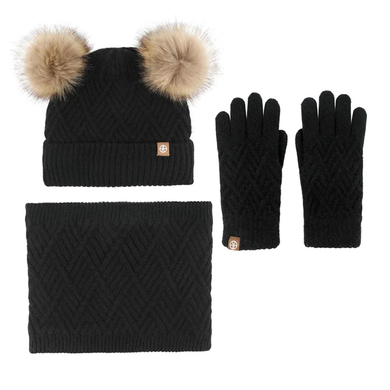 IYEAL Children's Boys And Girls Winter Wool Warm Knitted Hat Scarf Gloves Three Piece Set With Fluffy Ball Hat Three Piece Set