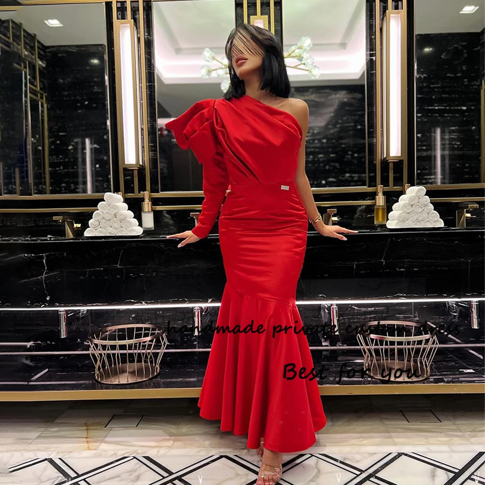 

Red Mermaid Evening Dresses One Sleeve Arabian Dubai Prom Party Dress Ankle Length Wedding Party Gowns Backless