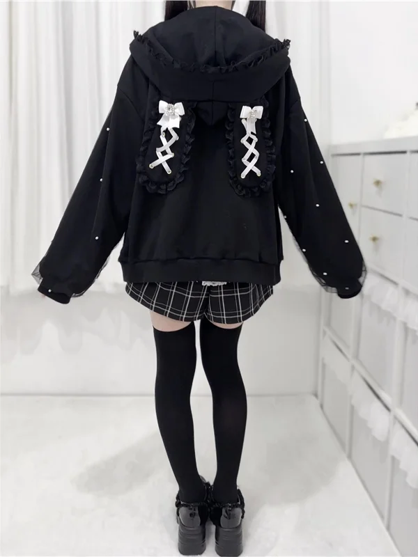 Adorable Jaet con capucha y Orejas de conejo forradas de Fce para mujer, ropa de abrigo larga y cómoda, Otoño Invierno Y2K, dulce Sle