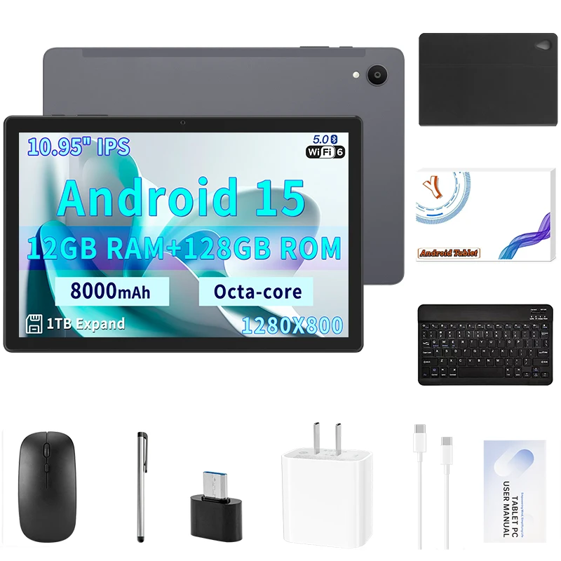 

ANRY 10.95inch Tableta Android 15 with T606 Octa Core 12GB RAM+128 ROM Dual Camera, 8000mAh Battery, Dual-band Wifi Function
