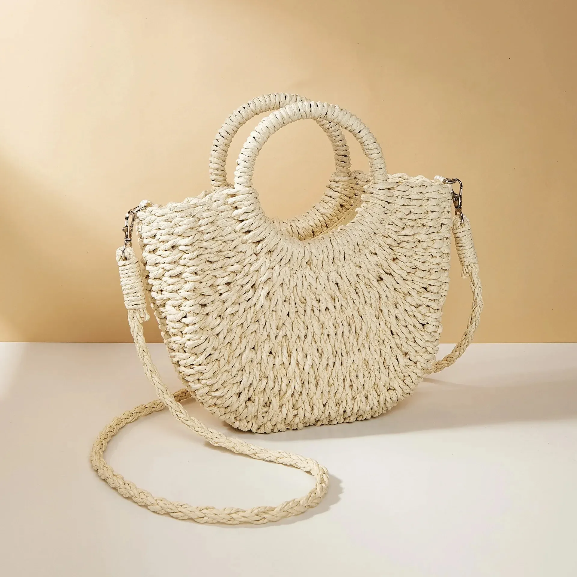 

Large Capacity Women Summer Hollow Out Crossbody Shoulder Bag Handwoven Straw Rattan Half-Moon Beach Handbag
