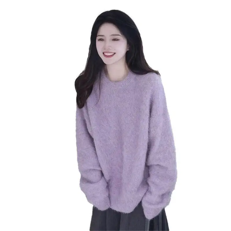 

Свитер в ленивом стиле для девочек, мягкая теплая внутренняя одежда, утепленный пуловер, топы, однотонный джемпер, осенне-зимний свободный женский трикотаж