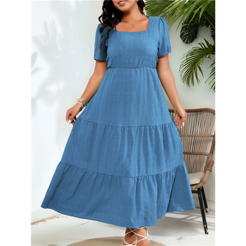 NUOVO-Vestito lungo da donna con scollo quadrato a strati, vestibilità ampia, casual, con schiena smockata, senza maniche, da spiaggia