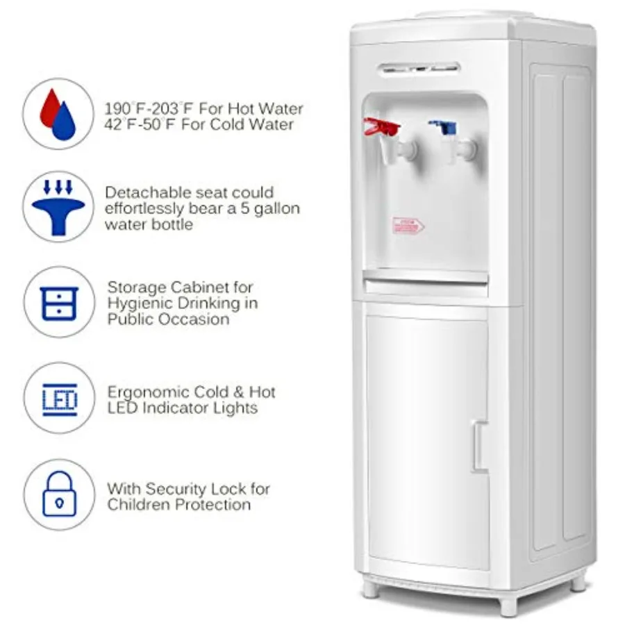 Top Loading Water Cooler Dispenser 5 Gallon Normal Temperature and Hot Water Electric Home Use with Storage Cabinet White