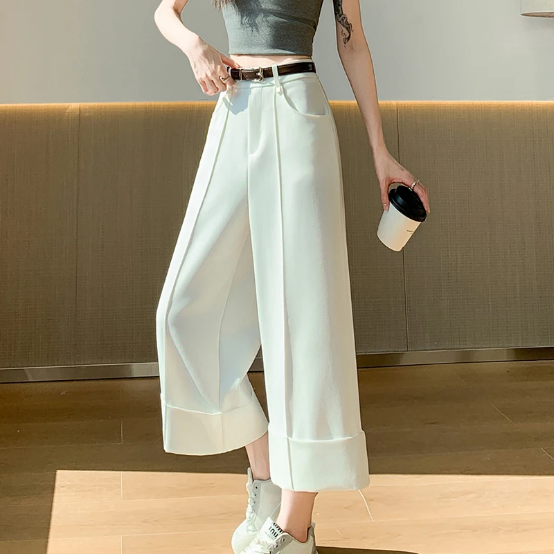 

Женские брюки-капри с высокой талией и широкими штанинами, летние, с карманами, новинка 2026 года, повседневные офисные профессиональные брюки для женщин