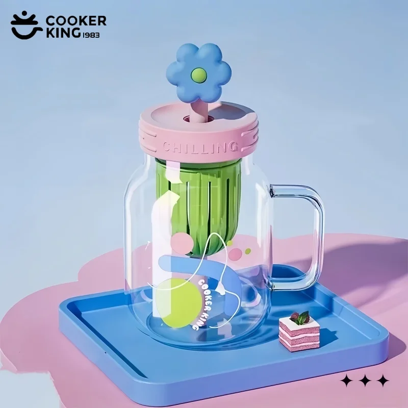 COOKER KING 800 ml Glastasse, transparente Wasserbecher mit Blumen-Strohhalm-Deckel, Cartoon-Kaffeetassen mit Teesieb, Heimtrinkgeschirr