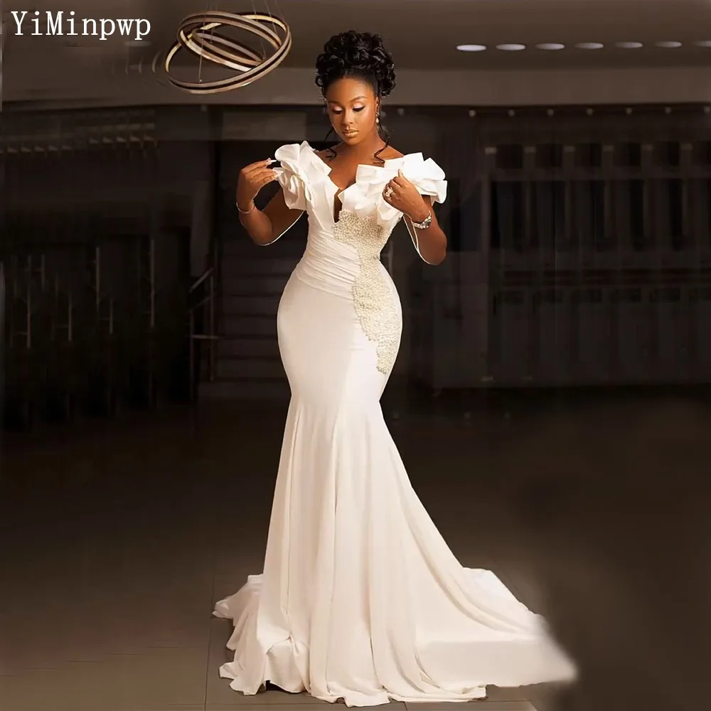 Africa Mermaid Wedding Dresses for Bride Off Shoulder Corset Back Sweep Train Beads Wedding Reception Bridal Gowns Customized