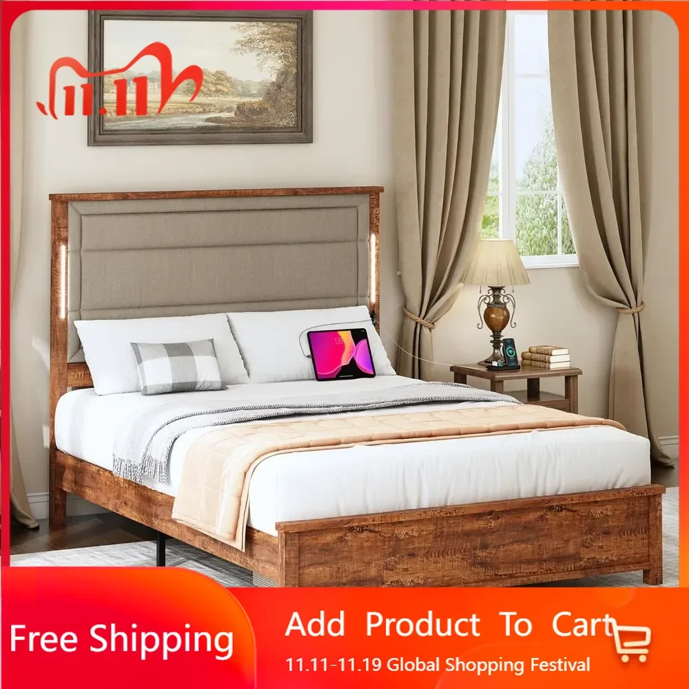 

Queen Bed Frame with Tall Headboard & LED Light, Upholstered Headboard with Charging Station, Wooden Support Platform Bed Frame