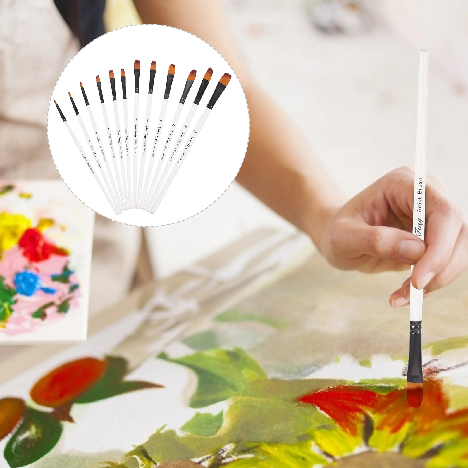 

12 Pcs Professional Paint Brush Round Pointed Tip Nylon Hair Artist Brush for Acrylic Watercolor Oil Painting (White)