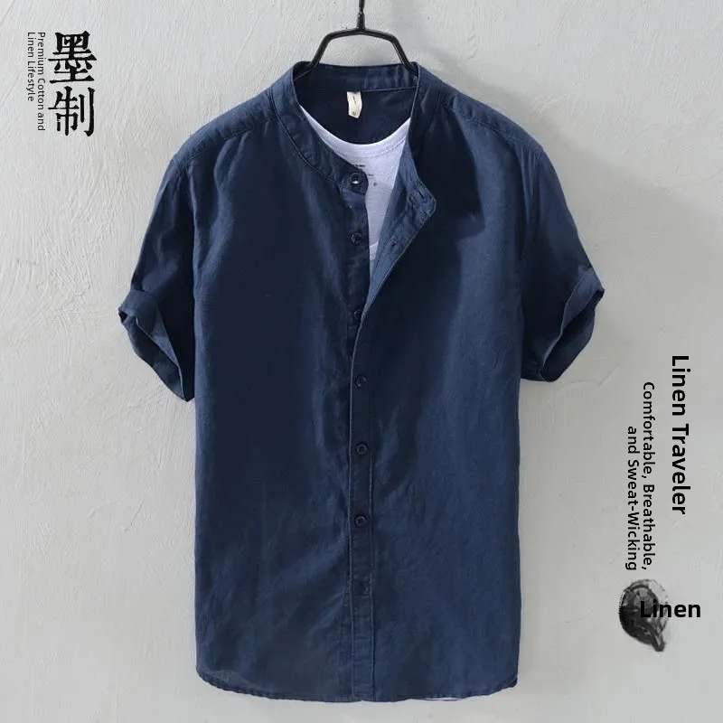 

Мужская летняя рубашка из хлопка и льна с коротким рукавом, свободного кроя, на пуговицах, дышащая, из льняного материала, с воротником-стойкой