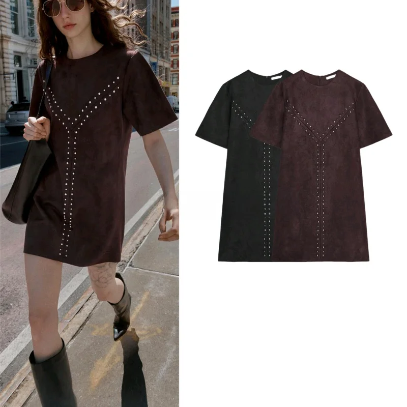 Fall New round Ne ort Sve Straight Cut Hem Faux Leather Effect Rivet Dr Women's Simple Sle A-Line Skirt Casual