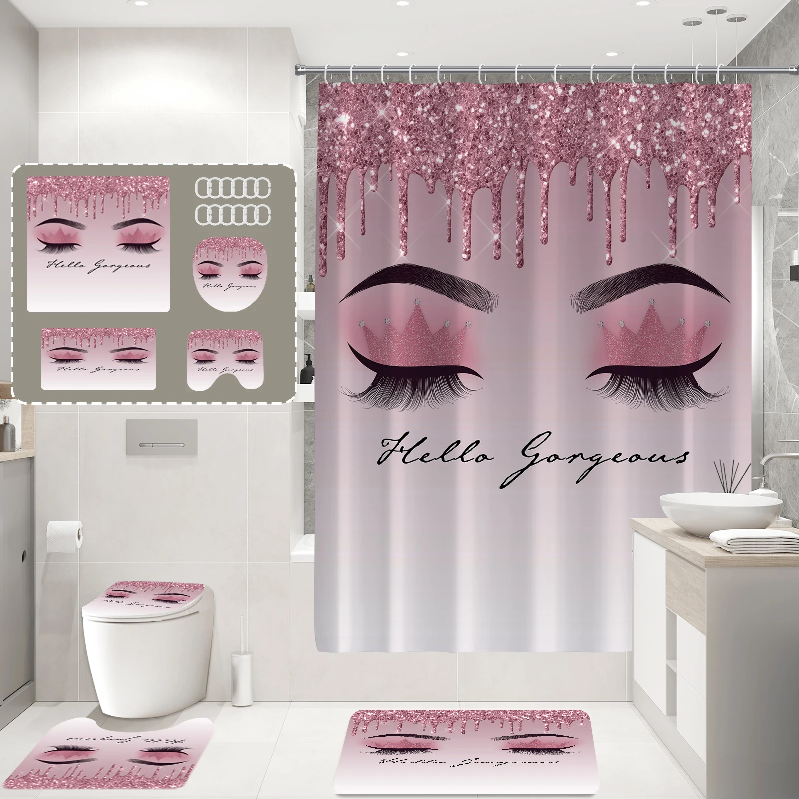 Glitter Series (Sequin-free) Printed Shower Curtain Modern Waterproof Polyester Home Decor Bathroom Curtain with Hooks