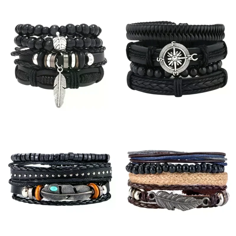 Set Braided Wrap Leather Bracelets Bangle For Men Vintage Feather Rudder Charm Wood Beads Ethnic Tribal Wristband Rope Bracelet