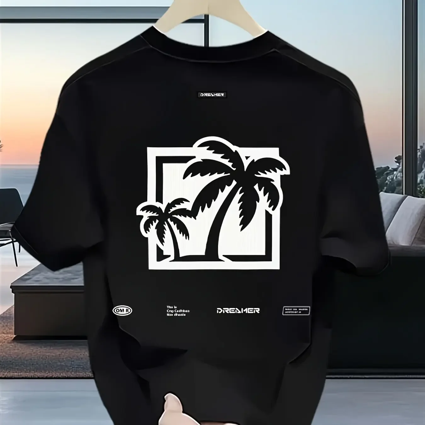 Men's Square Palm Tree Graphic T Shirt Minimal Coastal Label Print Oversized 100_ Cotton West Coast Summer Streetwear Top