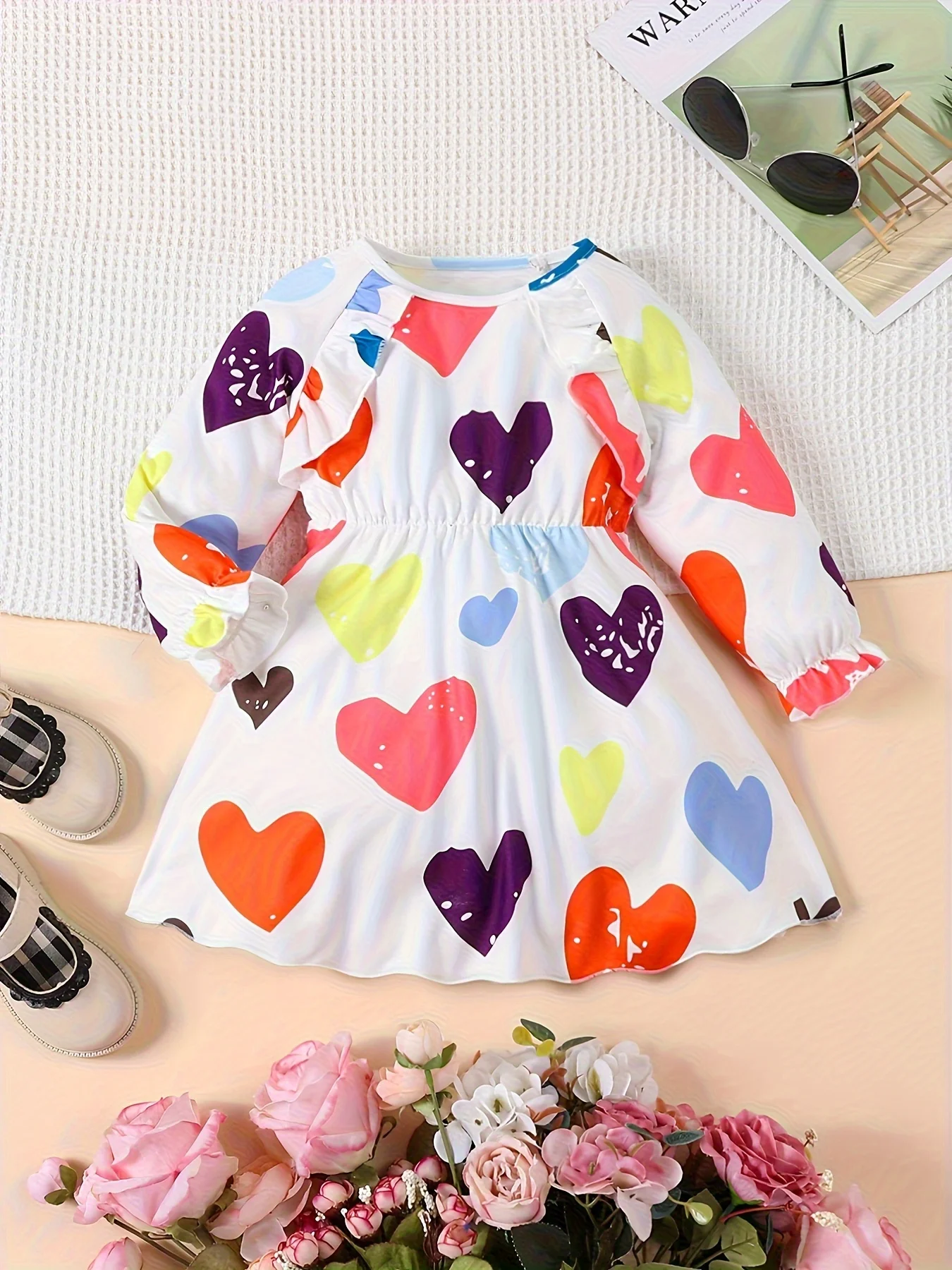 Baby Girl Long sleeved Cute Sweet Dress Girl Baby Girl Love Print Raglan Sleeve Round Neck Dress