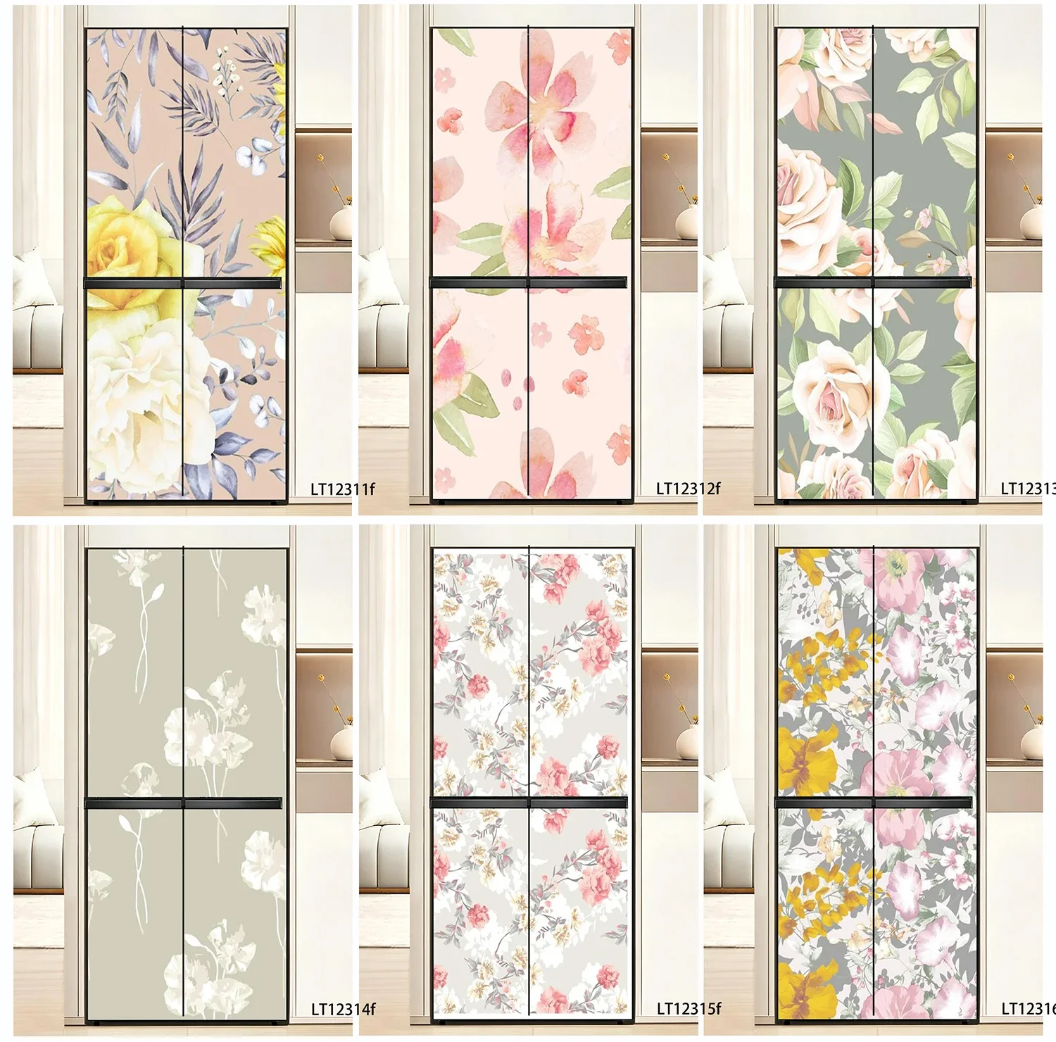 Vintage Sketch Style Dried White Blossom Fridge Sticker,Brown Tone Floral Waterproof Peelable Refrigerator Wrap Decal