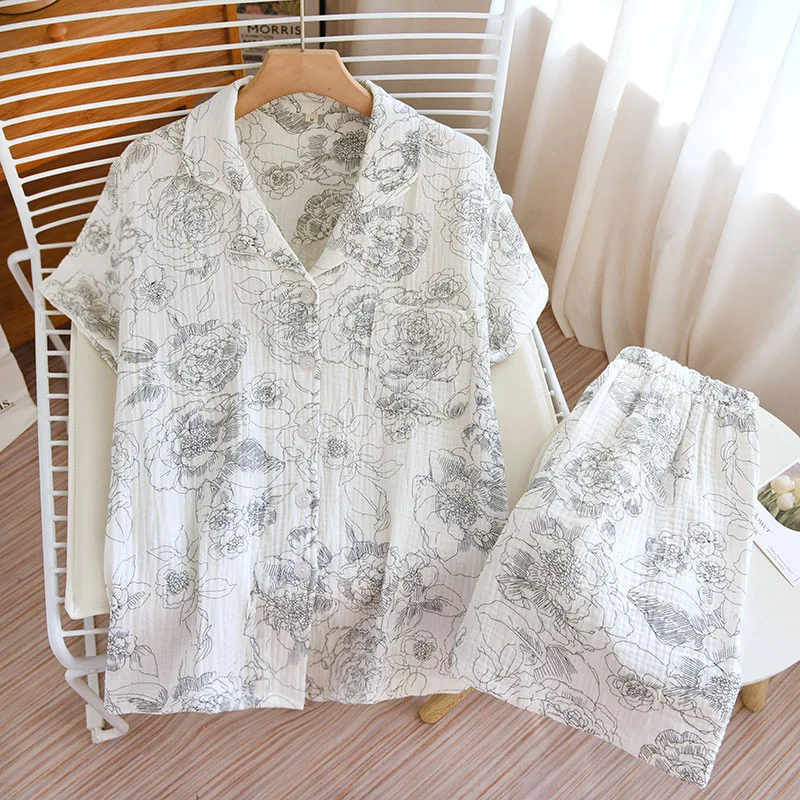 Printing Night Wears For Women Pure Cotton Pajamas Set New Lapel Shirt Shorts Suit Casual Vintage Sleepwear Female Pyjamas