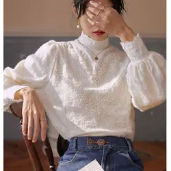 Elegant Half Turtleneck Lace Blouse Knitted Pullover Puff Sleeves Fashion Women Autumn Shirts Korean