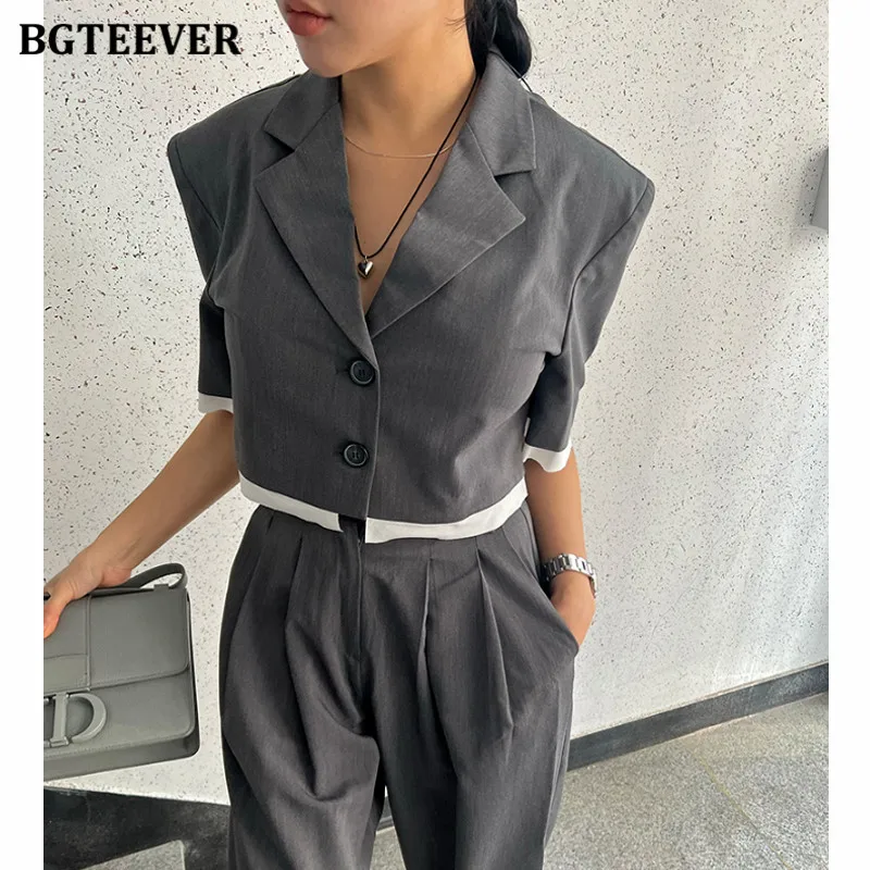 BGTEEVER Women\'s Summer Trouser Suit Elegant Blazer 2 Pieces Sets High Waist Wide Leg Pants Patchwork Jacket Outfits Ladies