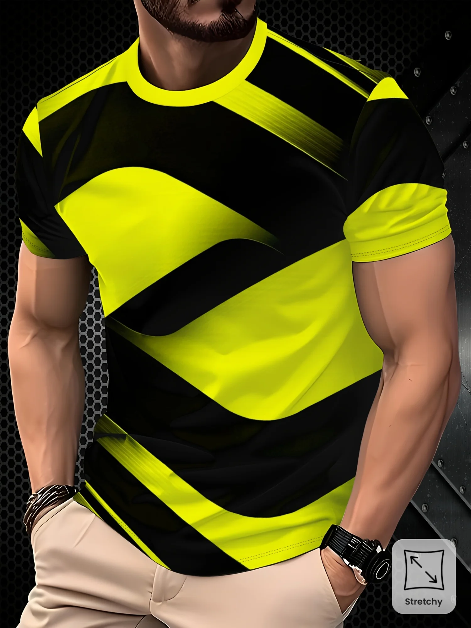 Men 3D Print T-Shirt Black Fluorescent Yellow Curved Stripe Geometric Graphic O Neck Short Sleeve Casual Summer Streetwear Tee