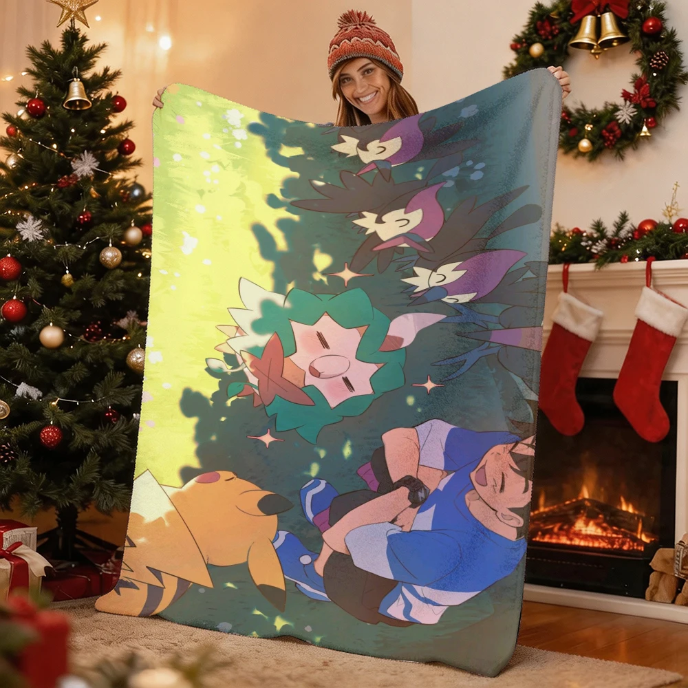 Pokemon Ash Pikachu Flannel Throw Blanket Soft Warm Lightweight Blanket for Sofa Bed Home Anime Gift