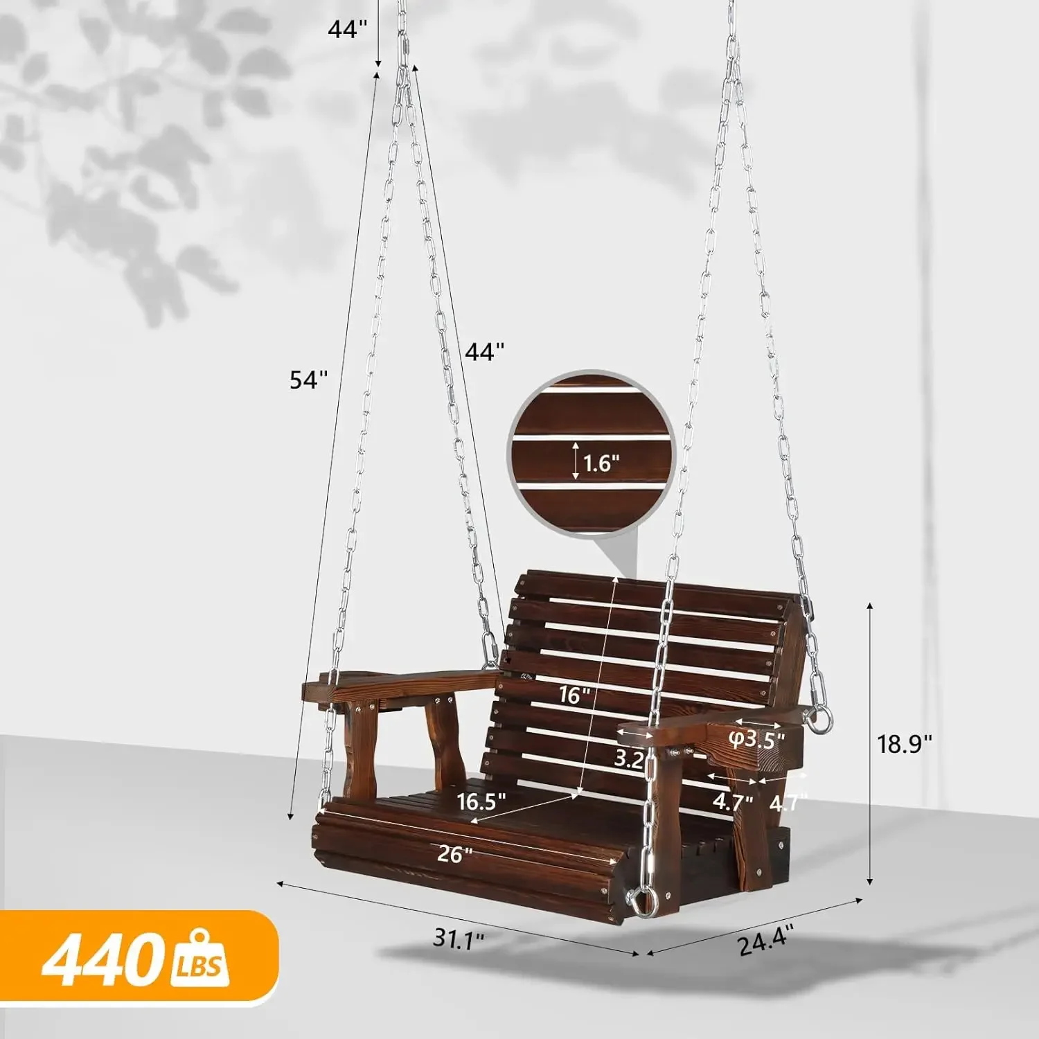 

Heavy Duty 440 LBS 1-Person Wooden Patio Porch Swing with Extra Cup Holder for Adults & Kids, Outdoor Single Porch Swing