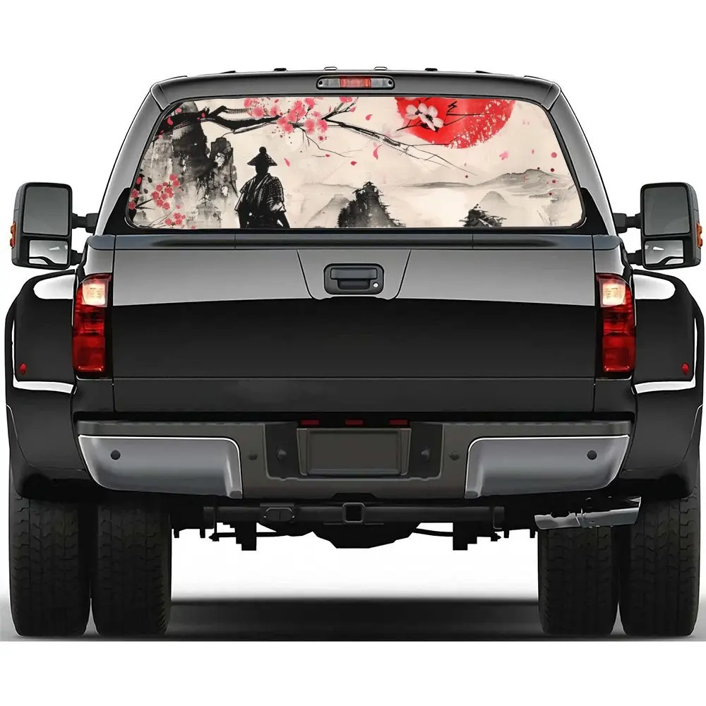 

Japanese Samurai in Ink Painting Car Rear Windshield Sticker Truck Window See Through Perforated Back Window Vinyl Decal Decor