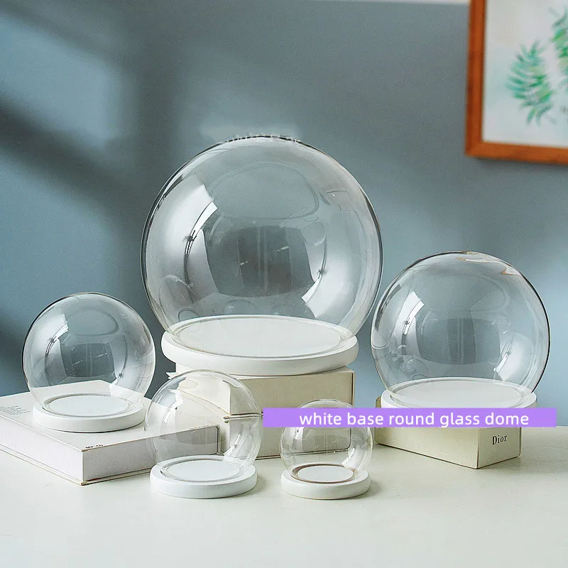 Free Shipping Small Packing Different Diameter Round Glass Dome Home Decoration Flat White Base Cover DIY Birthday Gift Wedding