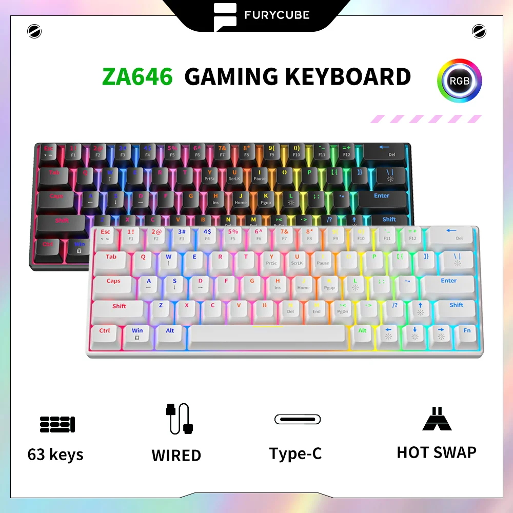 

FURYCUBE 63 Keys Mechanical Keyboard 60% ZA646 Wired Type-C Hot Swap RGB ILLUSION Backlit Gamer White Mini Gaming Keyboards