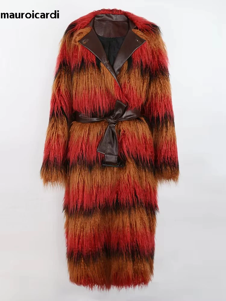 Mauroicardi Winter Long Colorful Striped Thick Warm Pu Leather Patchwork Faux Mongolian Fur Coat Women Luxury Fluffy Overcoat