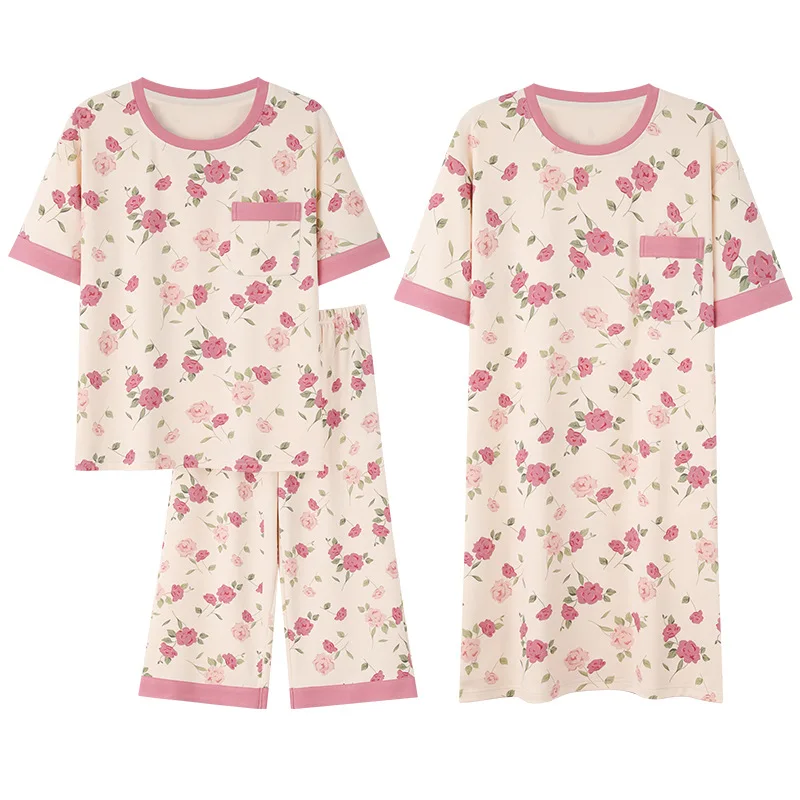 

Новые летние женские пижамные комплекты с подушкой на груди и короткими рукавами, повседневные пижамы с короткими рукавами, пижамная юбка, комплект из трех предметов