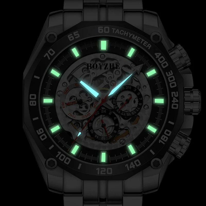 BOYZHE ساعة رجالية من أفضل العلامات التجارية الفاخرة الرياضية الميكانيكية ساعات رجالي فولاذ كامل مقاوم للماء مضيئة الهيكل العظمي ساعة اليد الرجال Relogio