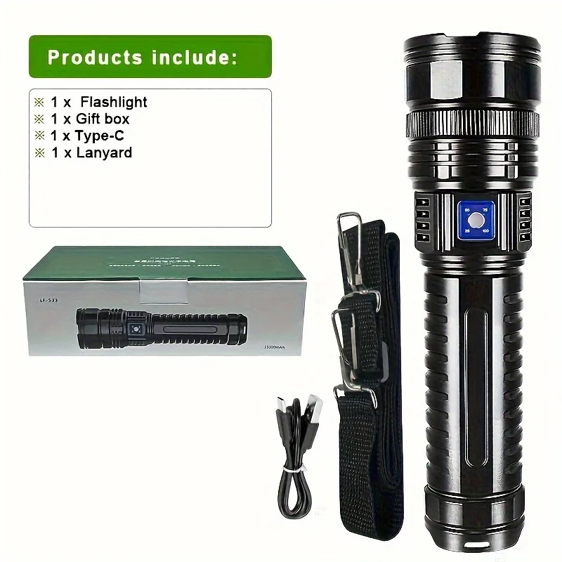 Built-in Battery Flash Light Emergency Spotlights 4km 10000LM 800W Most Powerful Led Flashlights Tactical 15000mah