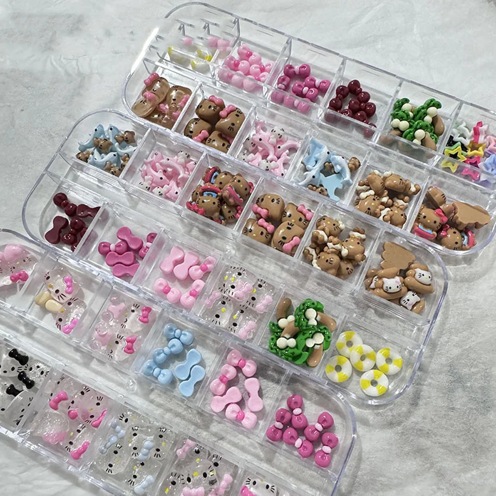 12Grids Cartoon Tanning Kitty Mixed Nail Charms 3D Kawaii Sommer Hawaiian Hello Kitty Harz Strasssteine DIY Nail Art Dekoration