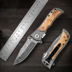 EDC Portable Damascus Pattern Folding Pocket Knife, Durable And Sharp Survival Tool For Outdoor Sports, Hiking And Camping