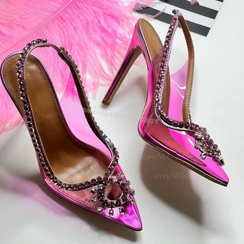 

Fuchsia Crystal Tassel Slingback Heels Hot Chick Silver Diamond Slingback Stiletto Sandals Pointed Pvc Gloss Elegant Bling Shoes