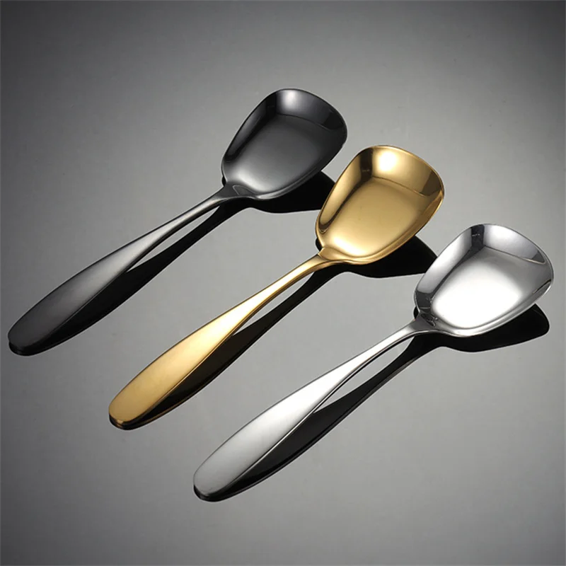 3 Size Stainless Steel Large Square Kitchen Spoon Flat-bottomed Rice Soup Ladle for Dessert Ice Cream Serving Spatula Tableware