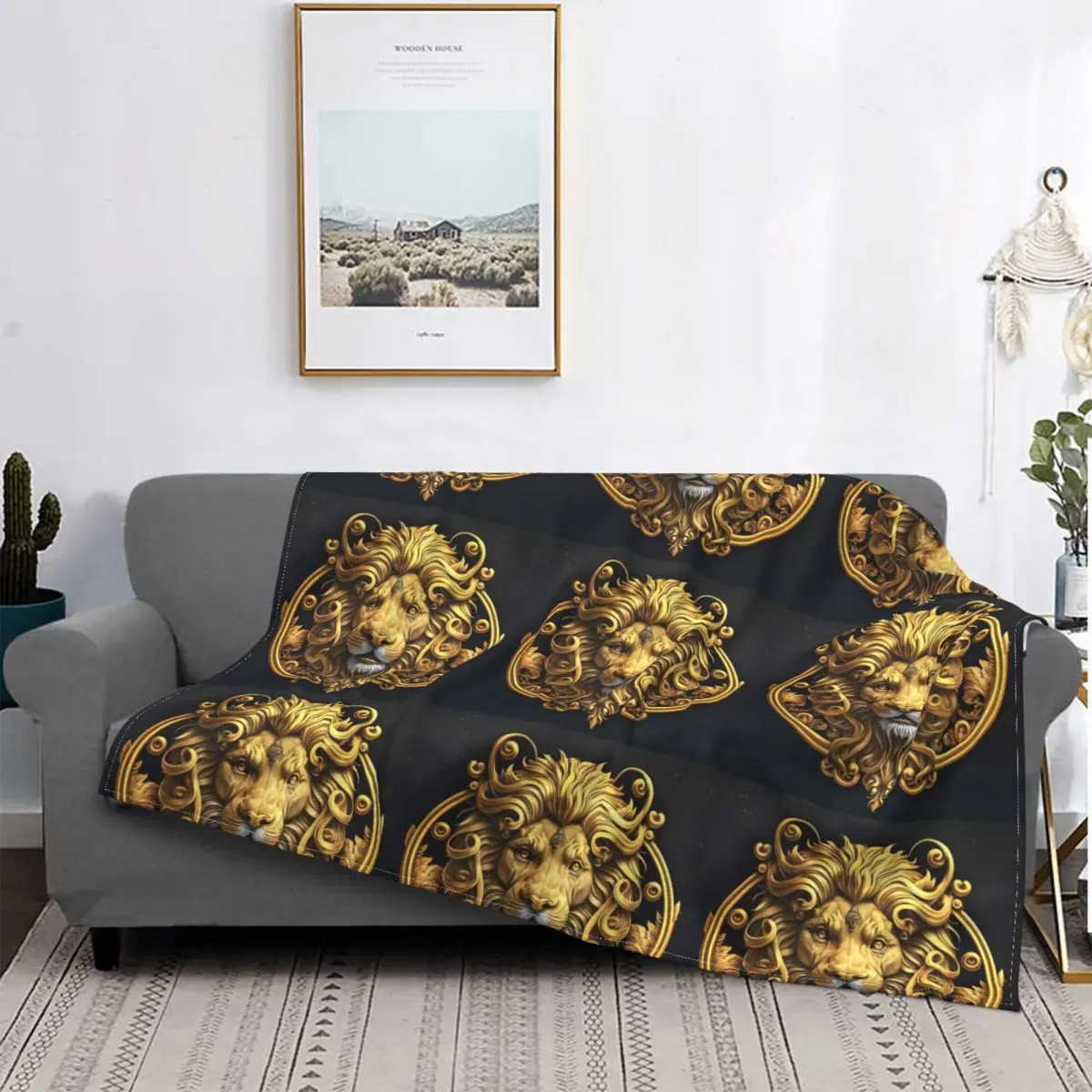 Retro Blanket Golden Lion And Damask Fleece Velvet All Season Breathable Thin Throw Blankets For Office Plush Thin Quilt