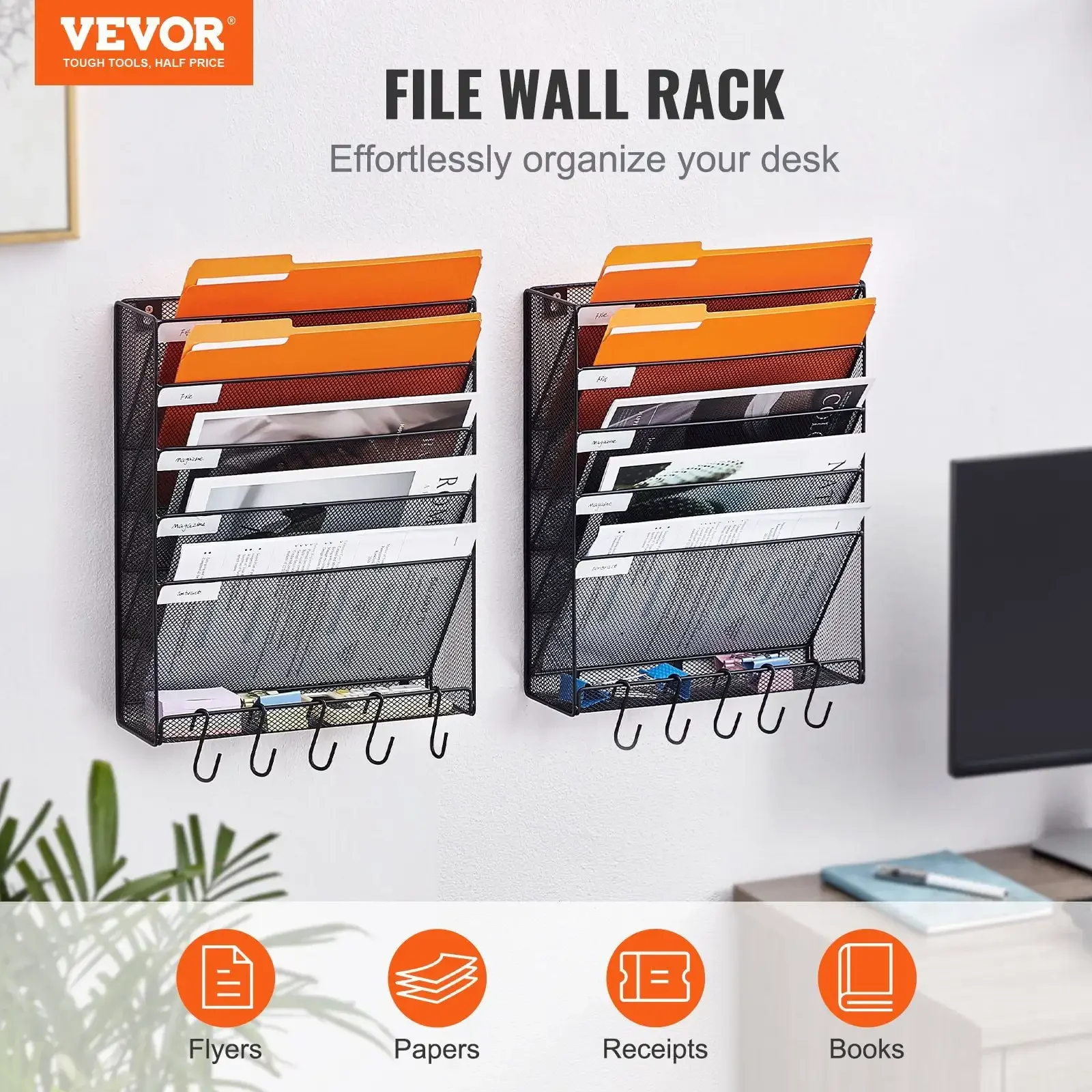 File Wall Rack Mesh Wall File Holder 2-Piece 6 Pocket for Office/School