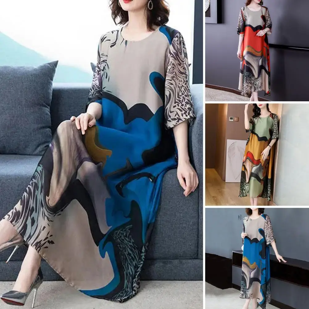 여성용 O넥 루즈 캐주얼 빈티지 프린트 실크 미디 드레스 로브, 용수철 여름 무도회 원피스, 우아한 파티 드레스, 2024