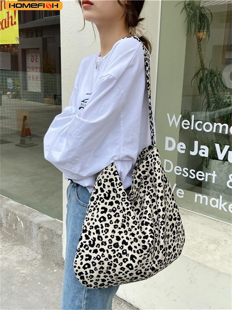 HOMEFISH Korean Style Ins Leopard Print Shoulder Bag, Lightweight Casual Canvas Crossbody Bag for Women