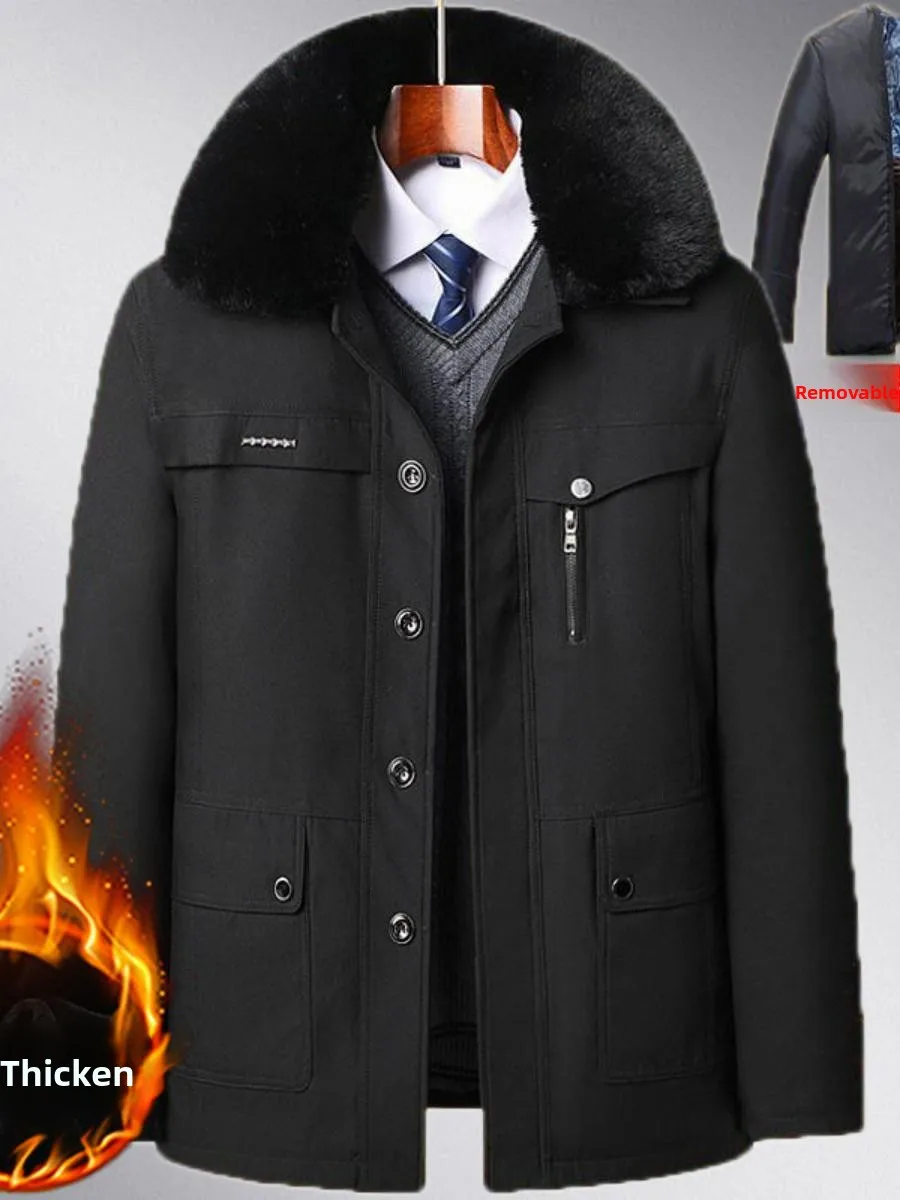 

Men's Thiened Fce Lined Cotton Jaet Winter Warm Anti-Cold Dad Sle Coat Long Length Button Closure Color