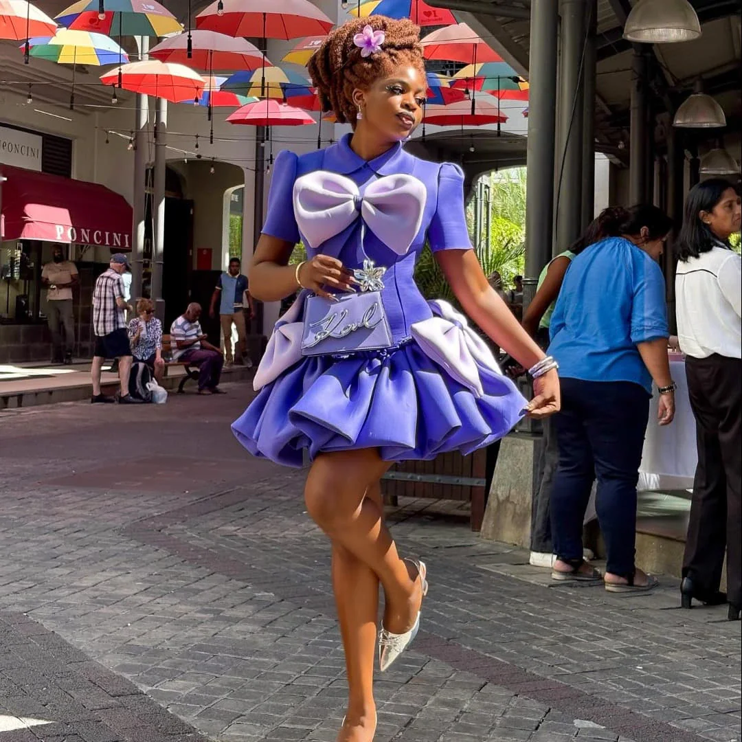 فساتين سويتي بنفسجية قصيرة للنساء مع فيونكة كبيرة لطيفة للفتيات فساتين حفلات أعياد الميلاد للفتيات فستان قصير للتاريخ فساتين قصيرة جديدة