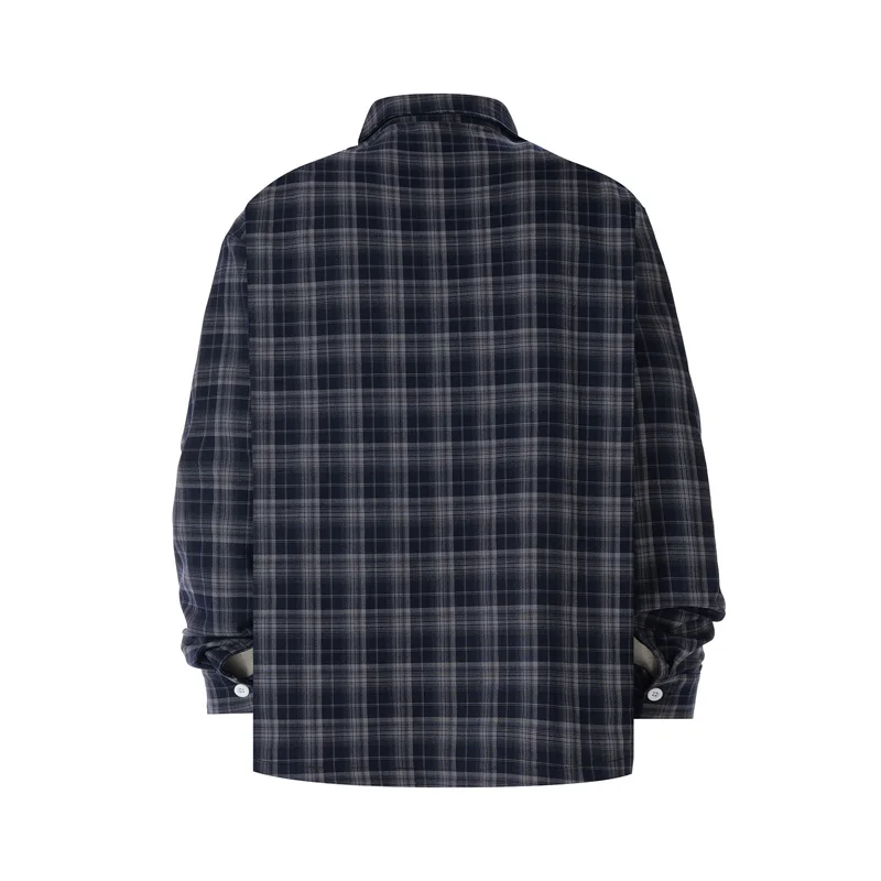 Plaid Embroidery Flower Label Knitt Rivet Long Sleeve Shirt Men Women Streetwear Casual Loose V-shape Shirt Leather Label Blouse