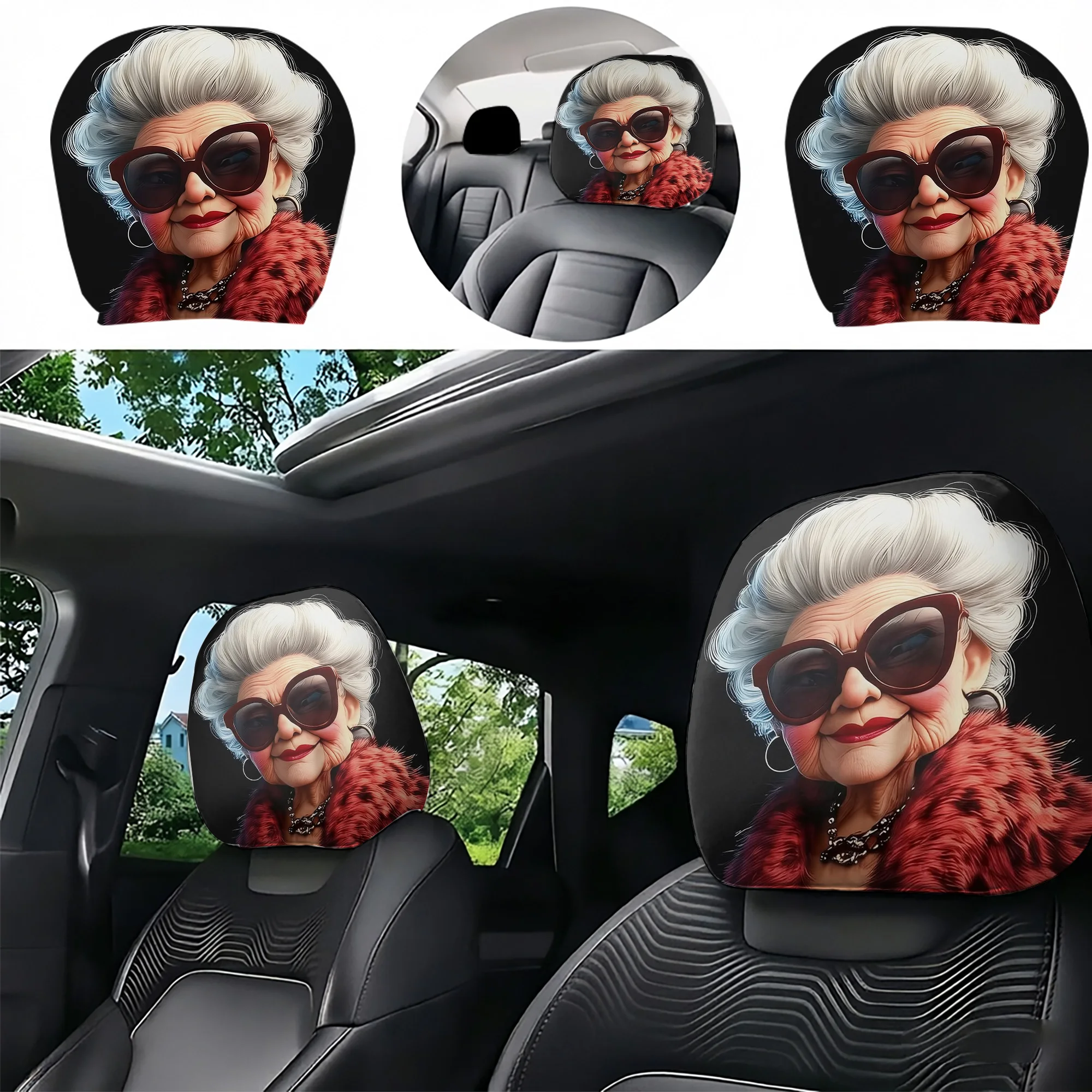 2pcs Set of Stylish “Old Lady” Car Headrest Covers, adding a touch of elegance to your car’s interior. Does not include filling.