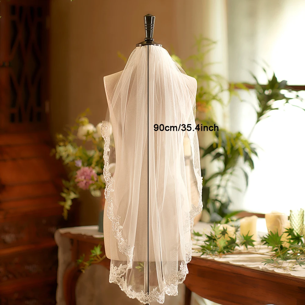 Romantic Lace Applique Edge Bling Bling Bridal Veil One Layer with Comb Fingertip Length Short Veil Marriage Wedding Accesso image 6